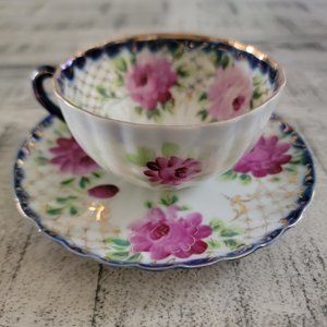 Vintage Japanese Hand Painted Cobalt Blue and Magenta and Pink Floral Te…
